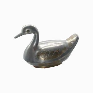 Vintage Pewter and Brass Silver Metal Duck Bowl With Lid Metal Home decor